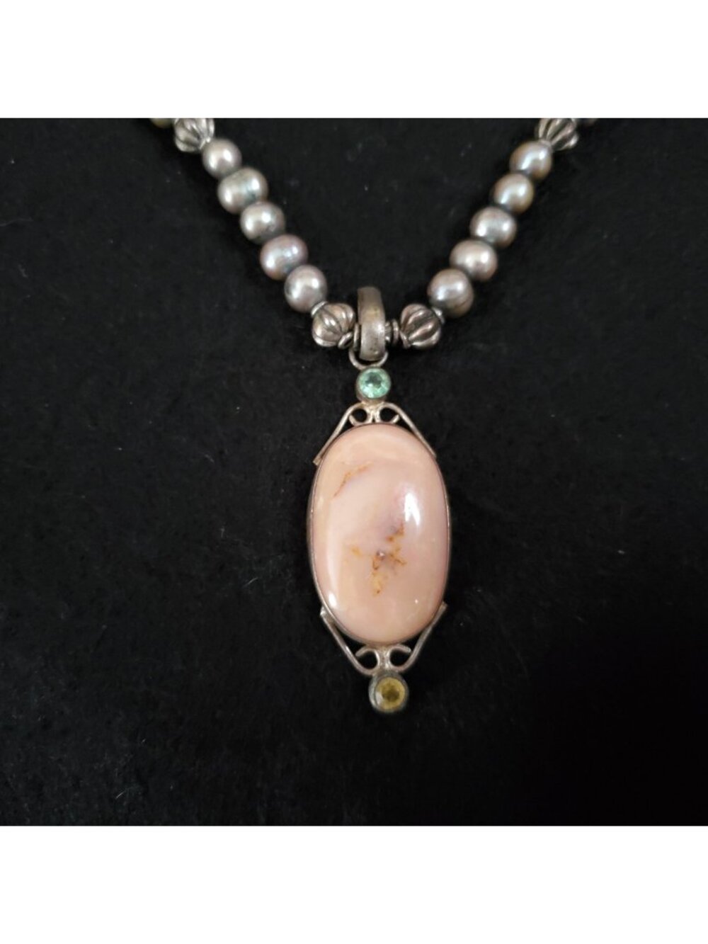 Vintage Beaded Necklace Silver Tone Peachy Orange Pendant 17.5" READ